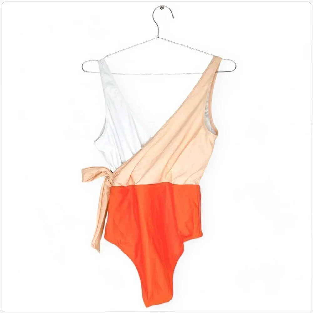 Cupshe Orange White Color Block One Piece Swimsuit Tie Belt Bow V-Neck NWT NEW L